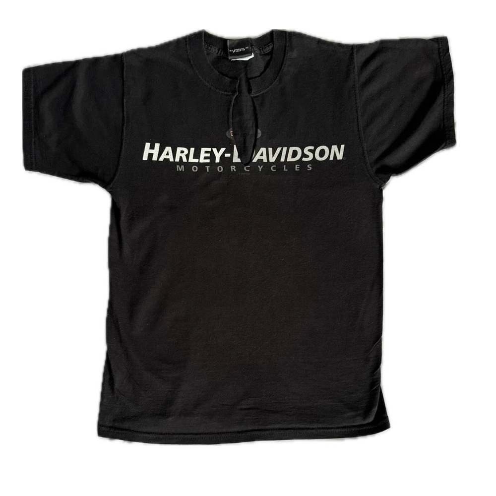 Harley-Davidson Women's Black Logo Tee Raw-Edge V-Slit Texas Bikercore Casual